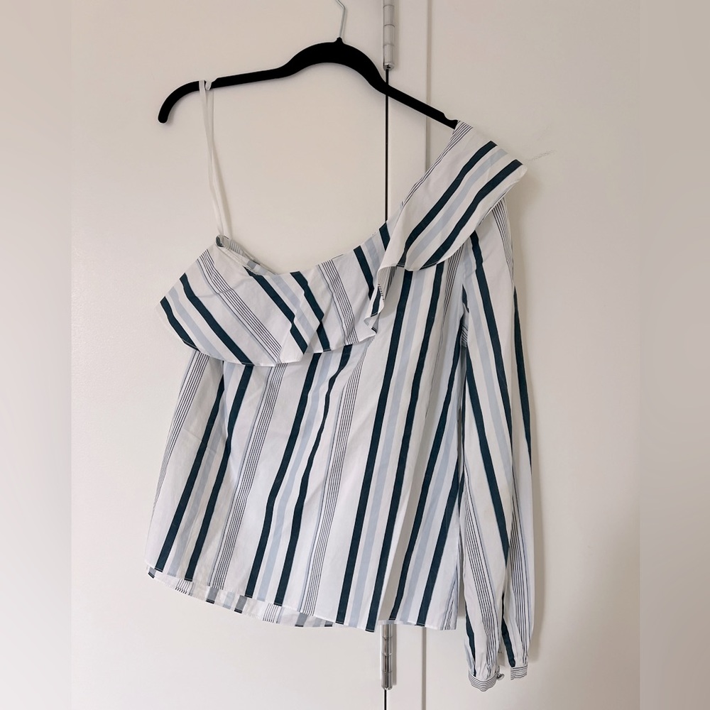 L’Academie Striped One Shoulder Ruffle Top